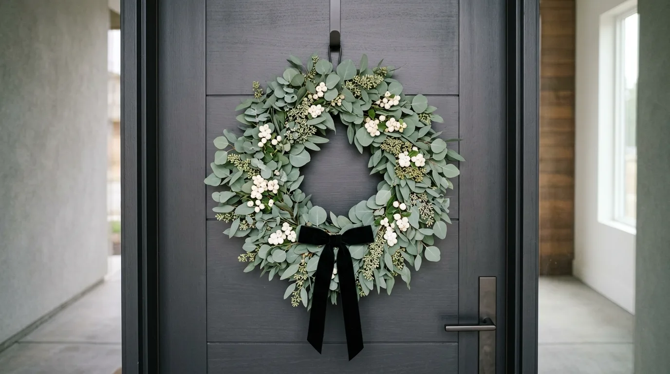 Choose greenery that feels airy instead of overly full inspiration for a front door wreath display.